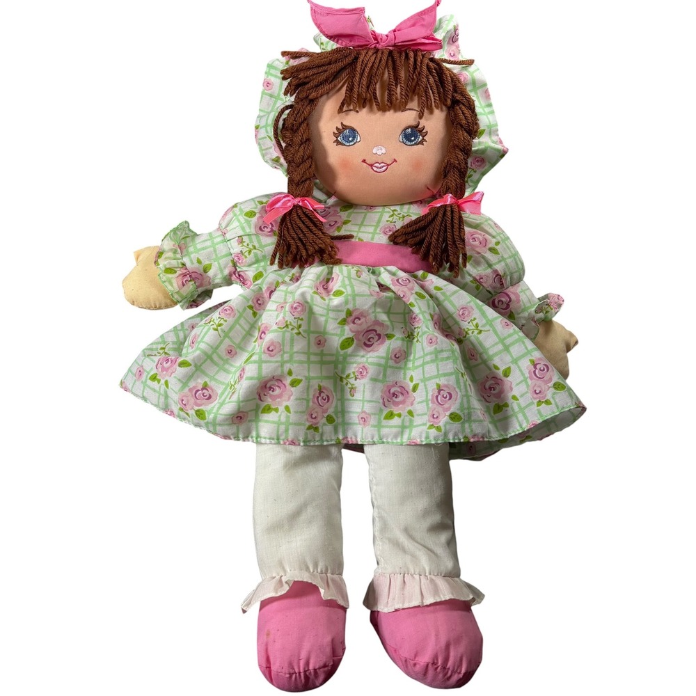 You & Me Toys R Us Rag Doll Plush Brown Yarn Hair Floral Dress Pink 19 inch 2009